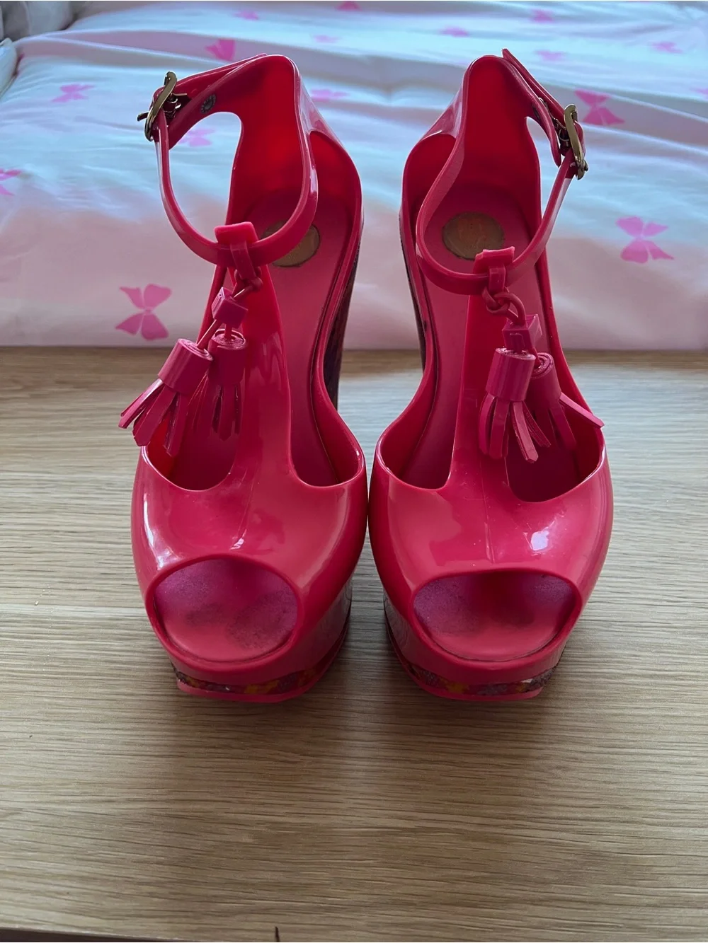 Melissa Hot Pink Peep-Toe Platform Wedges Sandals US Size 5
